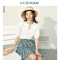 Purple Culvert Summer Dress New Cute Reduced-Age-Over-Collar Doll Short Sleeve Blouses Pure Color Comfort And Breathable Loose