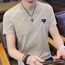 Summer mens ice silk short sleeve T-shirt tide Korean fashion trend personality T-shirt round neck slim fit casual fashion high-end top