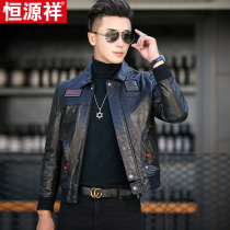 Hengyuan Xiang Haining leather leather mens new oil wax cowhide mens trend labeling flight suit short jacket men