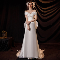  French light main wedding dress 2021 new bride one-shoulder satin fishtail small man trailing out of the gauze woman