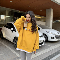 Yellow Jersey Woman Autumn Winter 2022 New No Hat Cartoon Round Collar Loose Korean version bf Lazy Wind Long Sleeve Blouse Tide