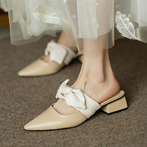 Genuine leather butterfly knot Baotou Half slipper female summer 2022 new Mueller shoes outside wearing lazy person net red 100 lap sandals