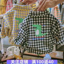 Boy plus velvet shirt children autumn and winter Korean cartoon dinosaur thickened children foreign baby long sleeve plaid shirt