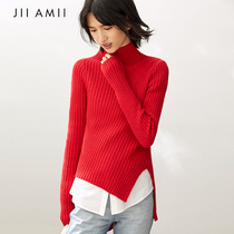 JII AMII red sweater womens spring and winter wear 2020 new semi-high collar pullover slim base shirt top