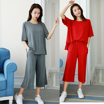 Modal cotton womens summer home clothes womens mid-sleeve three-point pants loose suit fat plus size pajamas wide-leg pants tide