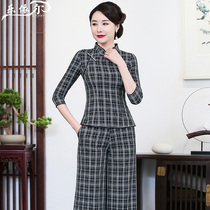 Spring and summer new mid-sleeve plaid cheongsam top short Chinese retro mother dress Tang suit two-piece set large size