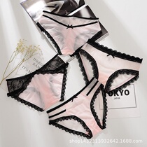 Fresh Cute Girl Pink Lace Pants Sexy Perspective Low Waist Triangle Pants Seductive Light Mesh Yarn Bottom Pants Head