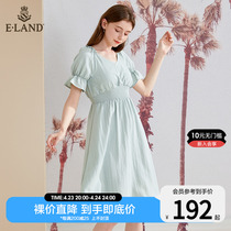 ELAND French style temperament Fan elegant V collar gentle and casual fashion collection waist display slim short sleeve dress woman