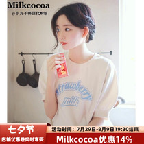 South Korean official web milkcocoa6 summer lady cute strawberry milk letter round collar loose short sleeve T-shirt