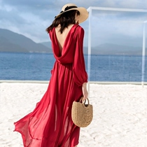 (Shop transformation clearance) seaside resort sexy backless beach skirt temperament wine red dress long dress tail