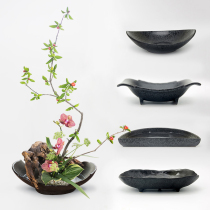 Retro ceramic ink black flower plate Flower Ware Zen Chinese style Japanese flower arrangement Sword Mountain Flower arrangement flower pot small original flow