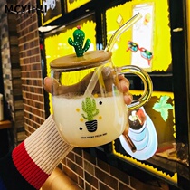 Cute glass cuvette woman bring with cover spoon milkshake cup milk mug heat resistant office water glass with straw super cute