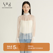 SUD Wei Gwangshitt Push King Fracking-Grade Net yarn Sexy small upright collar _ striped mesh yarn to beat the bottom lace shirt