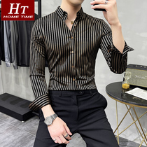 2021 new spring summer mens long sleeve shirt Korean slim business leisure trend mens striped shirt inch