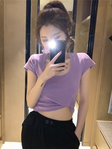 High waist t-shirt woman short sleeve 2020 Summer new Korean version of the body 100 lap U collar pure color Compassionate Short Truffle Blouse