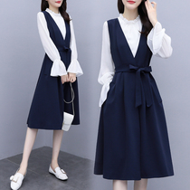 Fat sister plus-size womens clothing 2022 autumn new foreign style age-reducing shirt temperament belly-covering suspender skirt two-piece suit female