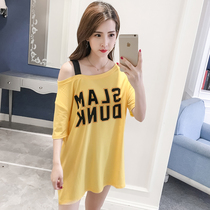 Summer new off-the-shoulder mid-length T-shirt female slim student suspenders top letter diagonal shoulder short sleeve dress tide