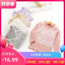  Autumn Girls  tops Lace bottoming shirts New products Female baby pleated fungus side long sleeve T-shirts Childrens t-shirts
