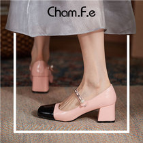 Small fragrant style color Mary Jane shoes women pink thick heel single shoes summer thin French small leather shoes 575B