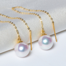 18K gold cherry blossom Japanese akoya seawater pearl earrings long ear line to correct the mirror surface light