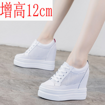 Spring paragraph Xia New section Heightening Women Shoes Ultra High Heel Slope Heel Cave Hollowed-out Breathable Genuine Leather Light White Shoes 12cm