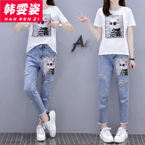  Casual suit girl 2021 summer new Korean version of junior high school and high school students loose short-sleeved jeans two-piece suit