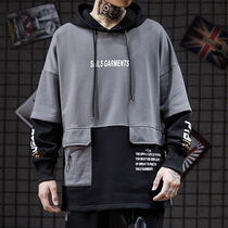 National trend hip hop hooded sweater mens long-sleeved loose jacket up and down contrast stitching trend brand hoodie top