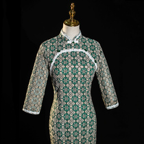 Green lace cheongsam 2021 new young high-end temperament long modified long sleeve dress autumn