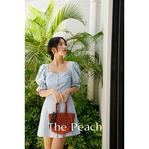 MICHELLYMO French vintage square collar waist Palace wind bubble sleeve slim slim dress