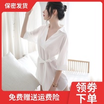 Womens white Chiffon thin boyfriend style shirt White shirt Summer sexy private pajamas long ice silk night dress