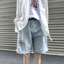 The hole jeans shorts female summer thin pear shaped figure 2022 fat sister large waist and thin five - margin pants