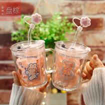 Cartoon absorbable tube cup glass childrens water cup high-faced female love lead-free tropical handle scale milk cup