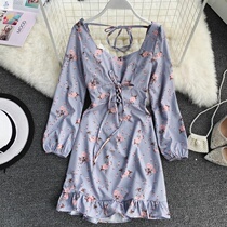 French girl romantic pink floral Court square collar long sleeve girdle lace-up hip ruffle dress 2019