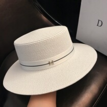 Straw hat women simple flat top letters elegant white topper women British sunscreen seaside holiday visor hat tide