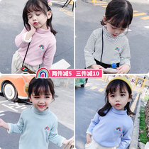 Girls thin velvet base shirt Korean version of foreign-quality children autumn dress half high neck T-shirt female baby autumn and winter stripes shirt