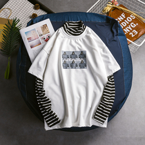 Autumn mens high-collar sweater Korean hip-hop fashion brand pullover fake two-piece striped shirt insT shirt tide autumn clothes