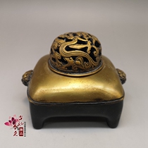 Antique Miscellaneous copper brass silver-plated lion copper furnace dragon pattern square cover four-legged incense burner Incense Road supplies home