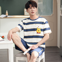 Summer men Korean cartoon striped cotton pajamas youth casual simple short sleeve shorts home clothes can be worn outside