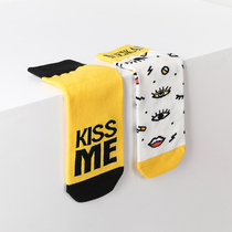 2 pairs of MEIKAN boat Socks Korean yellow short cotton socks Korean tide graffiti cartoon ladies socks spring and summer