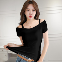 Strapless sling belt neckline short sleeve T-shirt female slim black sexy 2021 summer new wild coat body shirt