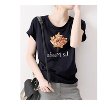 Japanese womens simple sequin hot diamond maple leaf pattern embroidery small loose slim slim sleeve Teet shirt