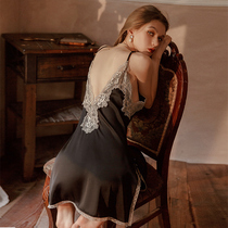 ROME Sexy Pyjamas Woman Small Breast Lace Silk Deep V Harness Beauty Back Short Skirt Flirting Ice Silk Open Fork Seductive Home Clothing