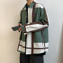 Vibrant male god Japanese color pattern plaid shirt male long sleeve size loose Joker Tide brand Hong Kong wind ins tide shirt shirt