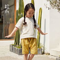 Songyong spring summer children cotton can wear short sleeve pants girls printed round neck shorts Joker printed home clothes