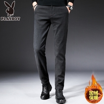  Playboy casual pants mens trend slim-fitting small-legged pants mens autumn and winter straight plus velvet thickened trousers