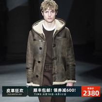  Heavy handmade lamb fur wool one-piece leather mens jacket B3 hooded splash ink color original ecological fur winter new