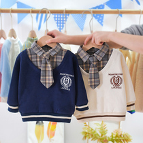 South Korea 2022 new boy sweater spring and autumn baby foreign style college childrens clothes baby fake two-piece top tide