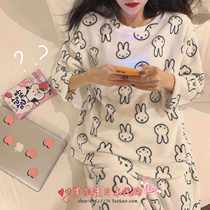 Japanese soft honey cute pajamas suit women spring autumn winter little rabbit print loose home clothing