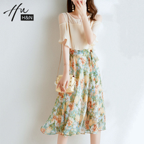 Strapless fairy dress thin small waist loin Ruffle print French tea break skirt women Summer tide