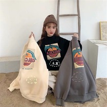 Sweater thick plus Velvet female Korean version of loose 2020 autumn and winter New Tide ins lazy wind hooded half high neck top
